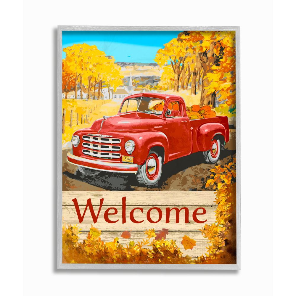 Stupell Industries Welcome Red Truck Fall Autumn Landscape Design Framed Wall Art by The Saturday Evening Post, 16" x 20", Gray Framed