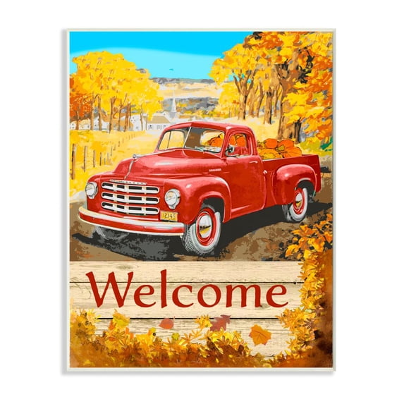 Stupell Industries Welcome Red Truck Fall Autumn Landscape Design Wall Plaque by The Saturday Evening Post, 13" x 19", Wall Plaque