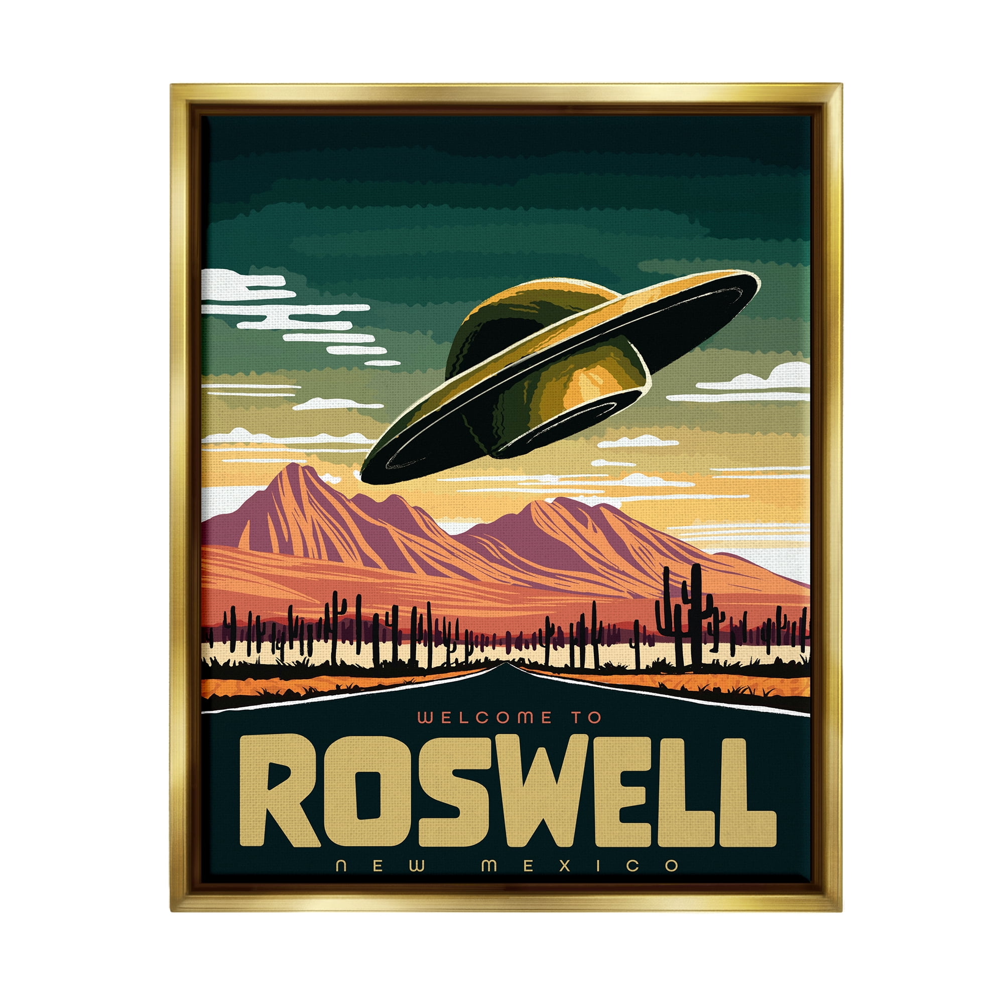 Stupell Industries Welcome Roswell New Mexico UFO Travel & Places Painting Gold Floater Framed Art Print Wall Art