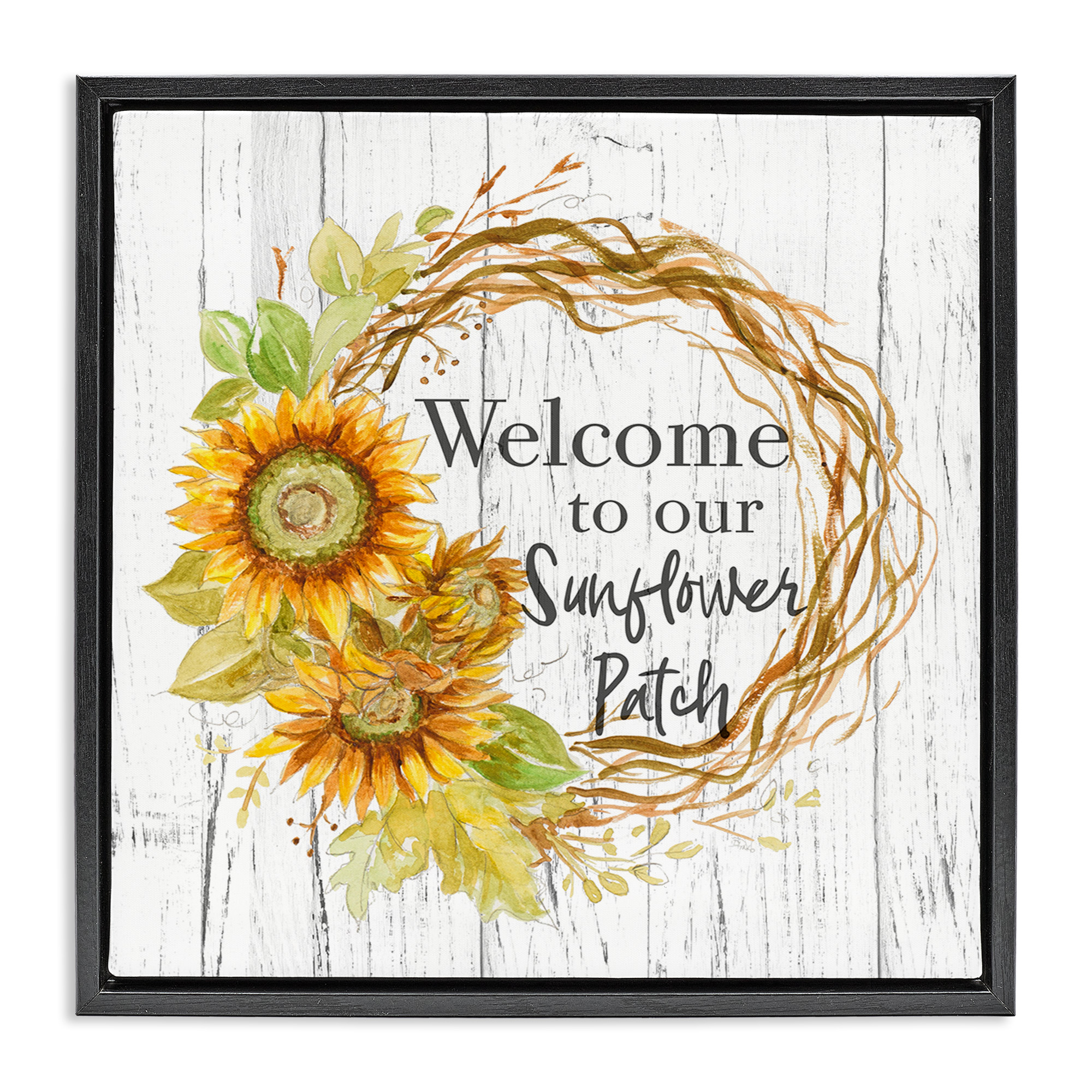 Stupell Industries Welcome Rustic Floral Wreath Botanical & Floral Painting Black Floater Framed Canvas Art Print Wall Art, 25 x 25