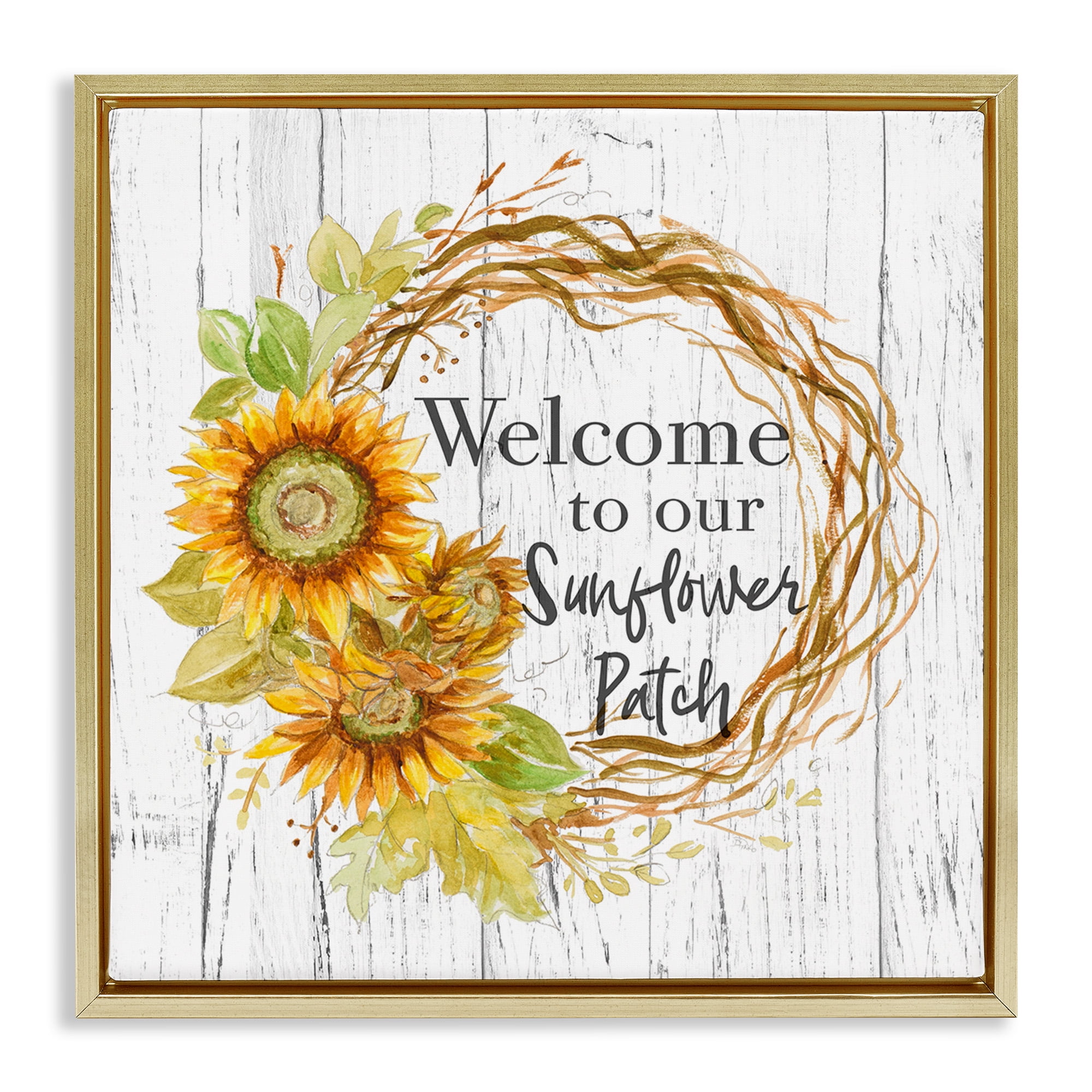 Stupell Industries Welcome Rustic Floral Wreath Botanical & Floral Painting Gold Floater Framed Canvas Art Print Wall Art, 25 x 25