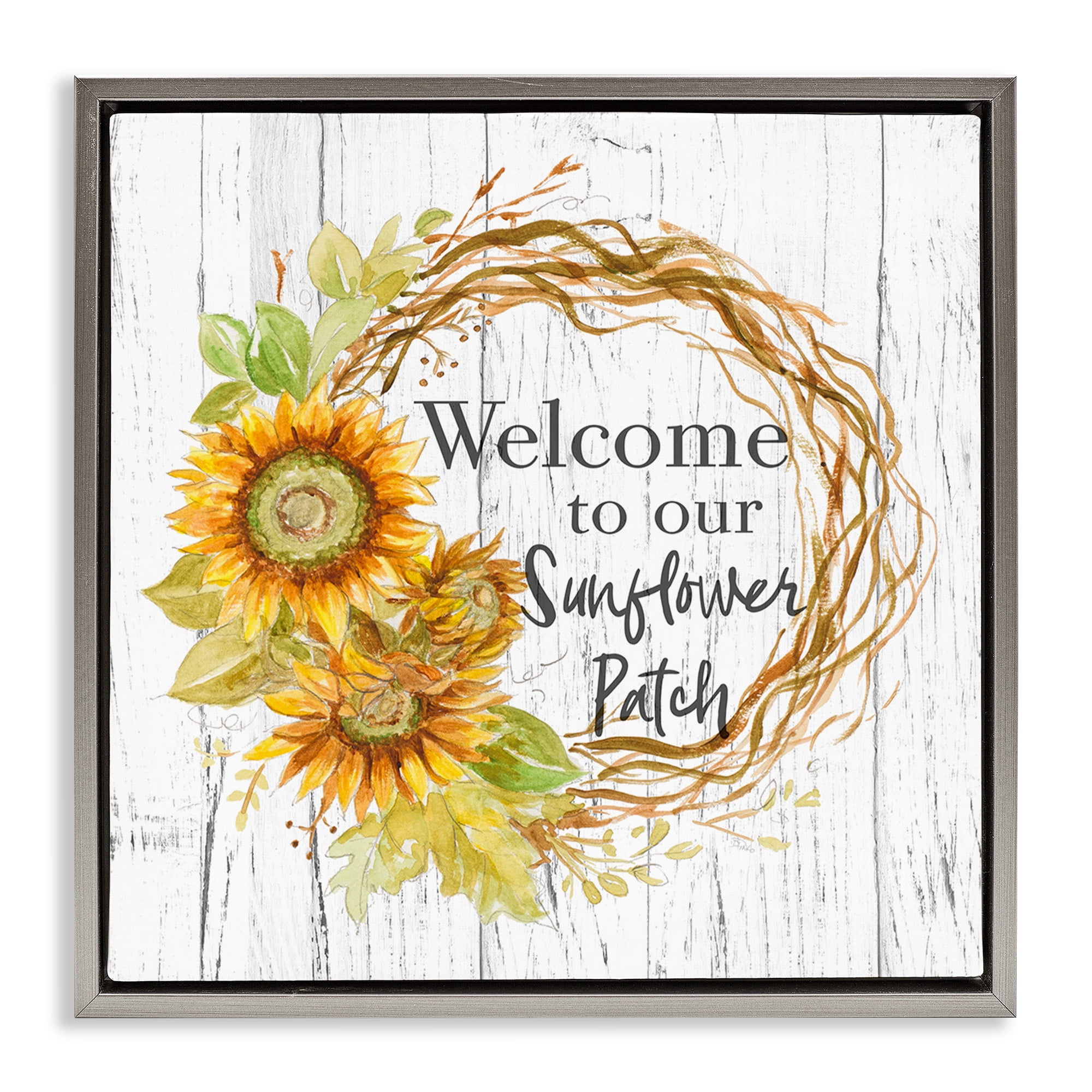 Stupell Industries Welcome Rustic Floral Wreath Botanical & Floral Painting Gray Floater Framed Canvas Art Print Wall Art, 18 x 18