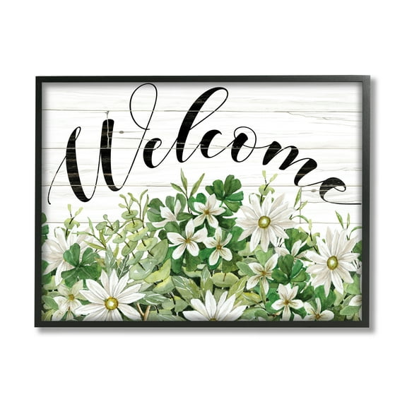 Stupell Industries Welcome Rustic Planked Sign White Flower Blossoms Graphic Art Black Framed Art Print Wall Art, Design by Cindy Jacobs