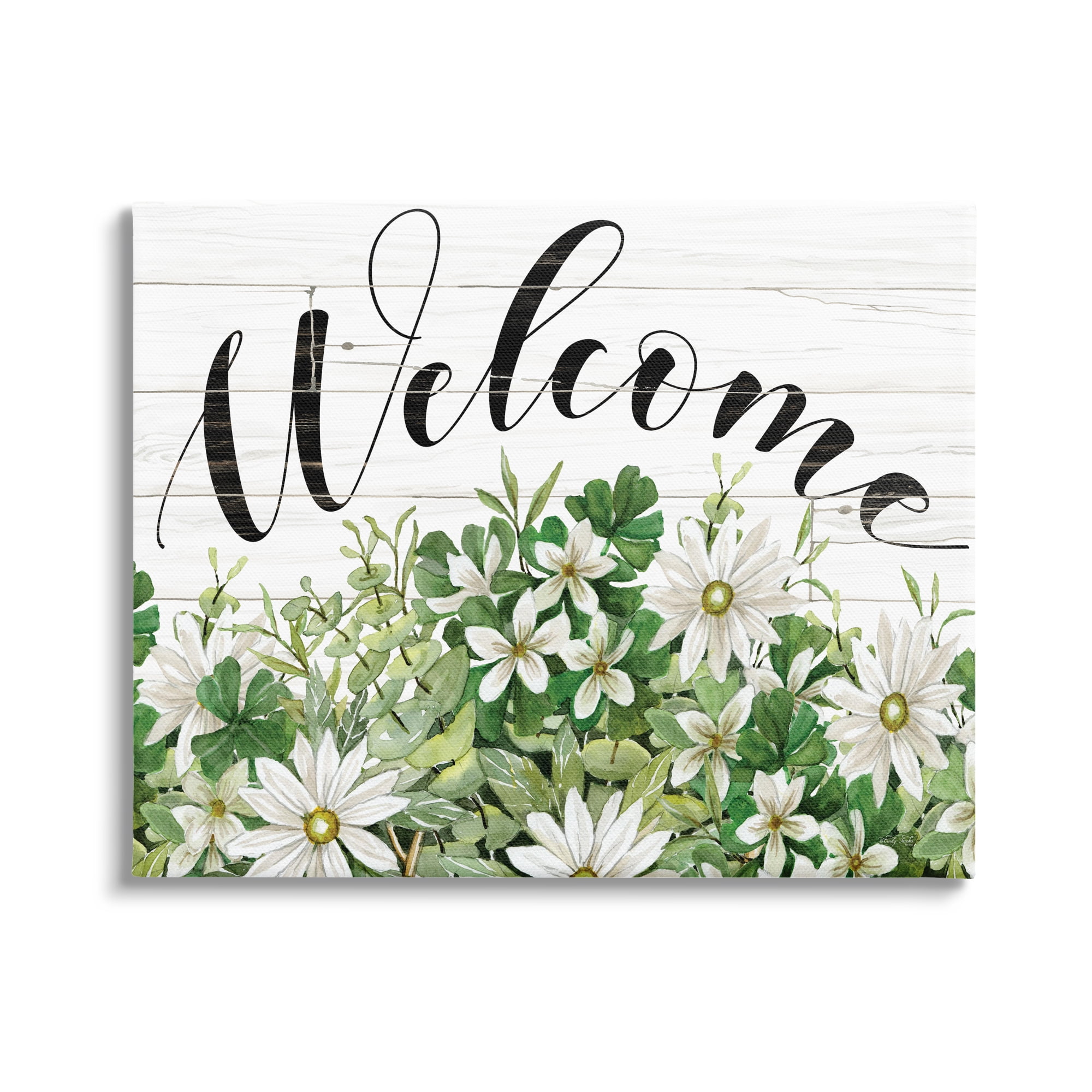 Stupell Industries Welcome Rustic Planked Sign White Flower Blossoms Graphic Art Gallery Wrapped Canvas Print Wall Art, Design by Cindy Jacobs