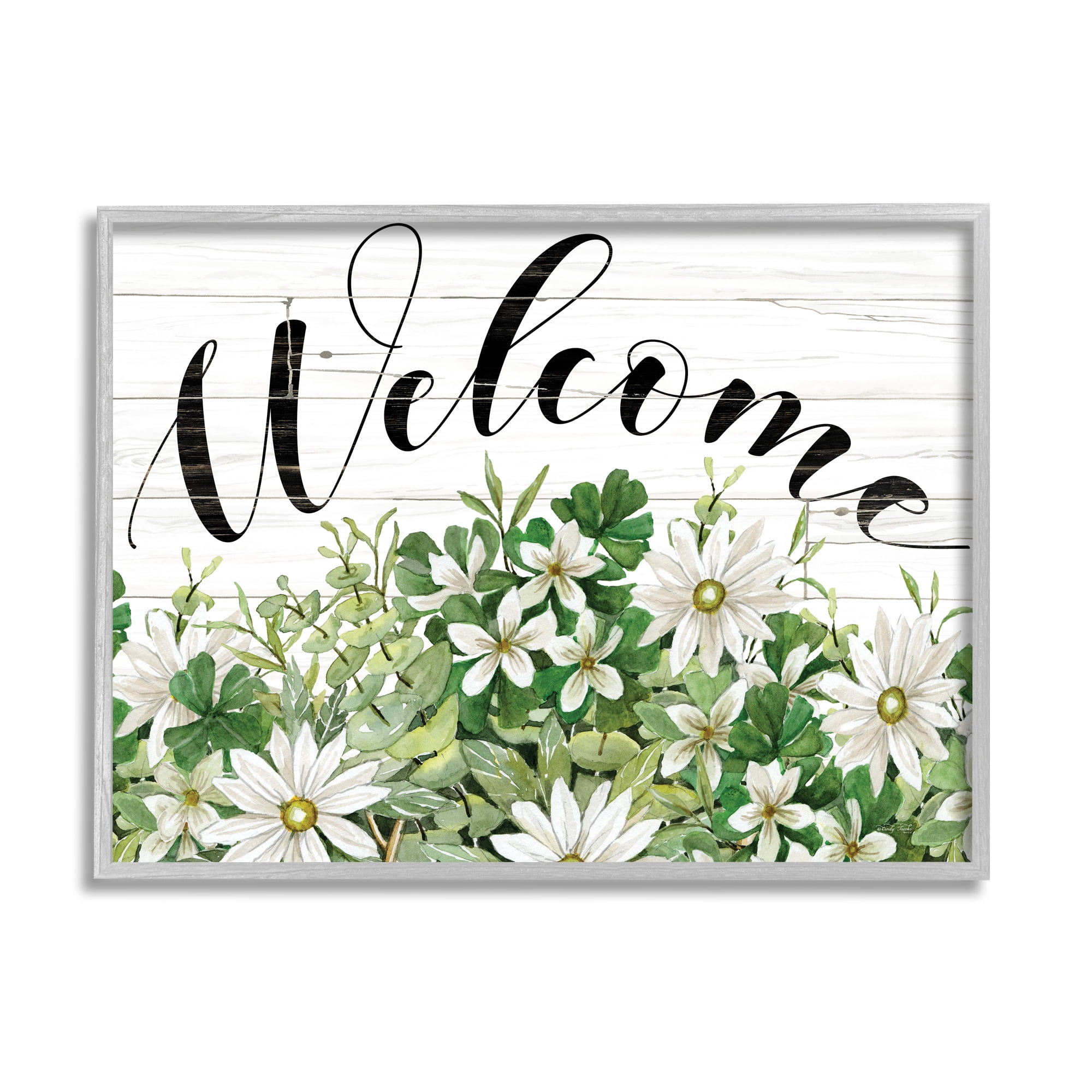 Stupell Industries Welcome Rustic Planked Sign White Flower Blossoms Graphic Art Gray Framed Art Print Wall Art, Design by Cindy Jacobs