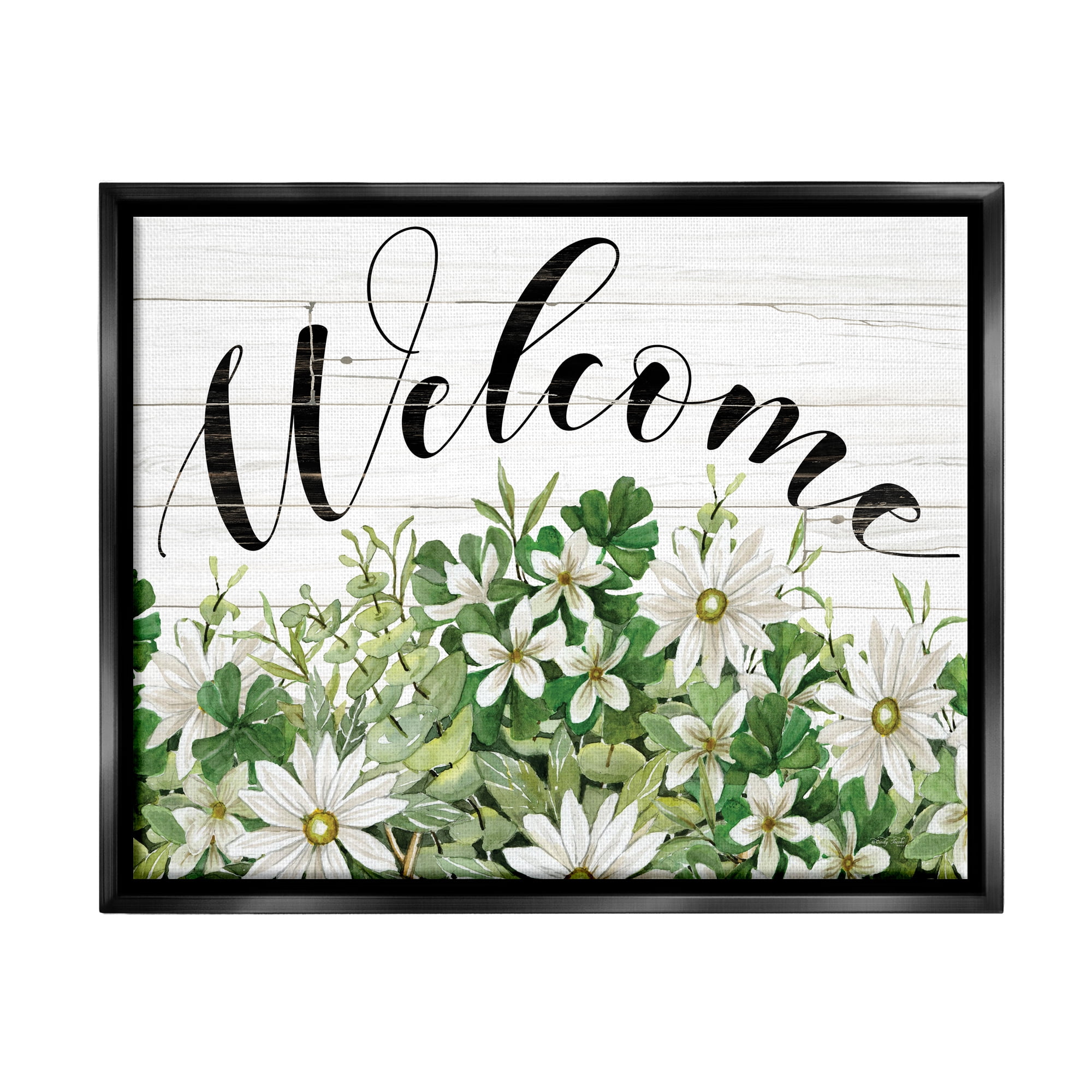 Stupell Industries Welcome Rustic Planked Sign White Flower Blossoms Graphic Art Jet Black Floating Framed Canvas Print Wall Art, Design by Cindy Jacobs