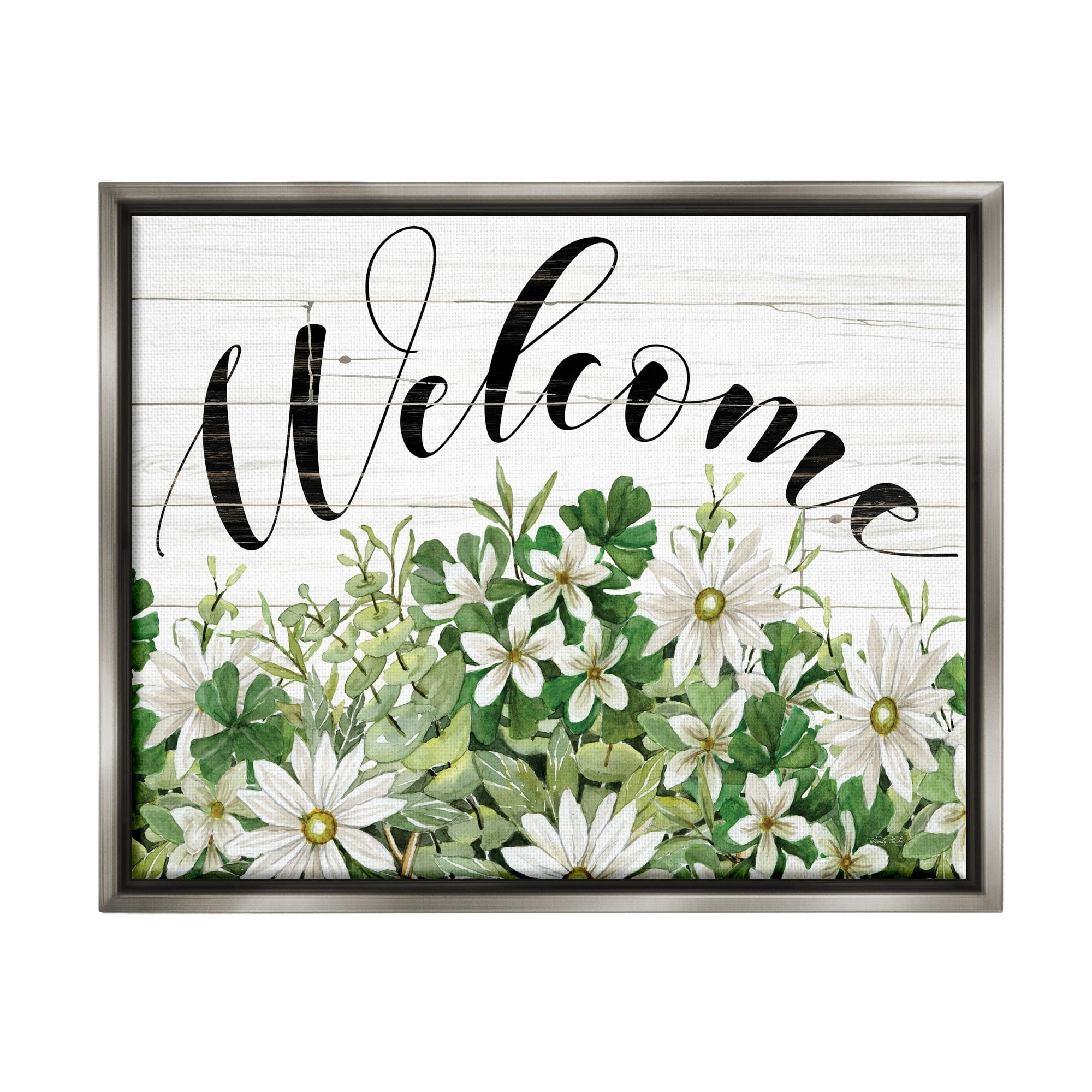 Stupell Industries Welcome Rustic Planked Sign White Flower Blossoms Graphic Art Luster Gray Floating Framed Canvas Print Wall Art, Design by Cindy Jacobs