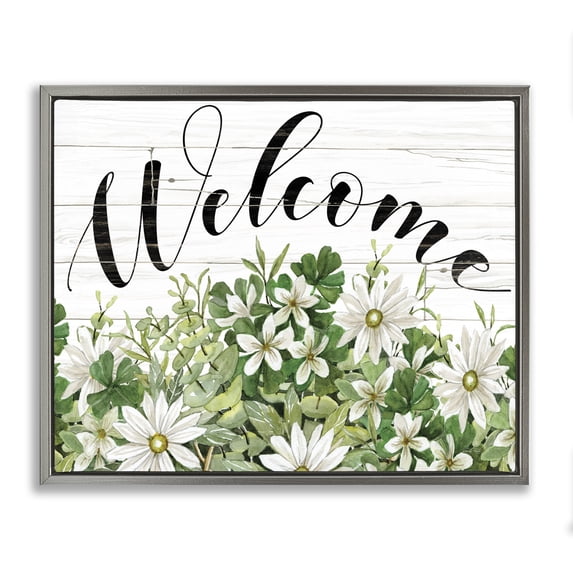 Stupell Industries Farmhouse Welcome Rustic Planked Sign White Flower Blossoms Gray Floating Frame Canvas Art, 31 x 25, by Cindy Jacobs