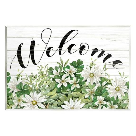 Stupell Industries Welcome Rustic Planked Sign White Flower Blossoms Graphic Art Unframed Art Print Wall Art, Design by Cindy Jacobs