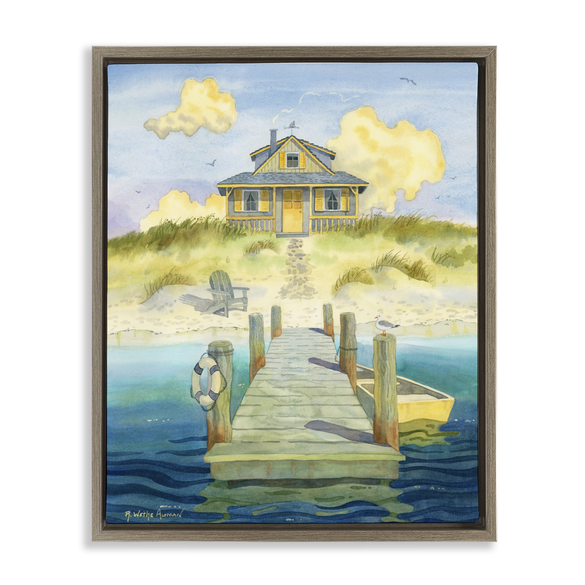 Stupell Industries Welcome Seaside Retreat Cottage Brown Framed Floater Canvas Wall Art, design by Robin Altman