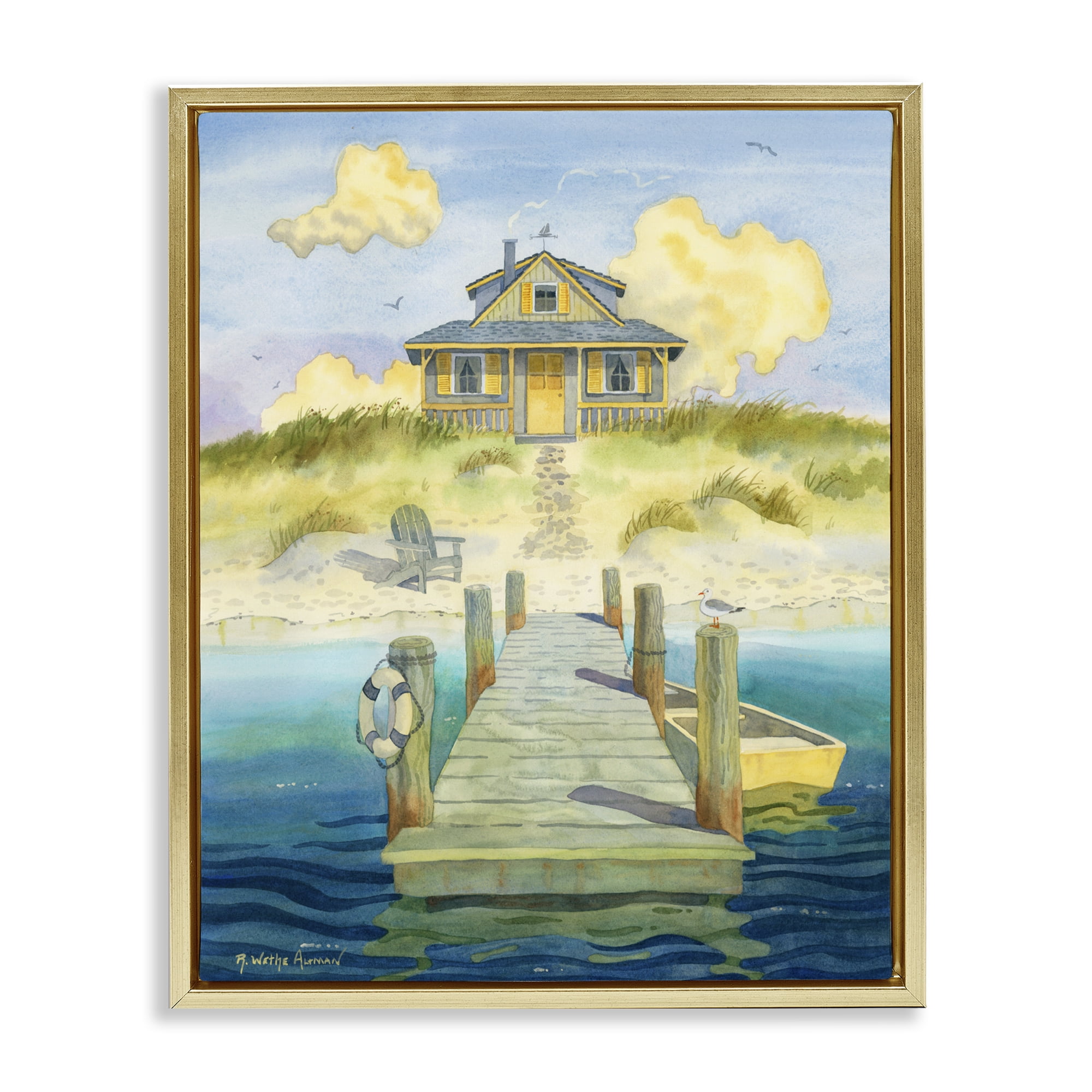 Stupell Industries Welcome Seaside Retreat Cottage Gold Framed Floater Canvas Wall Art, design by Robin Altman