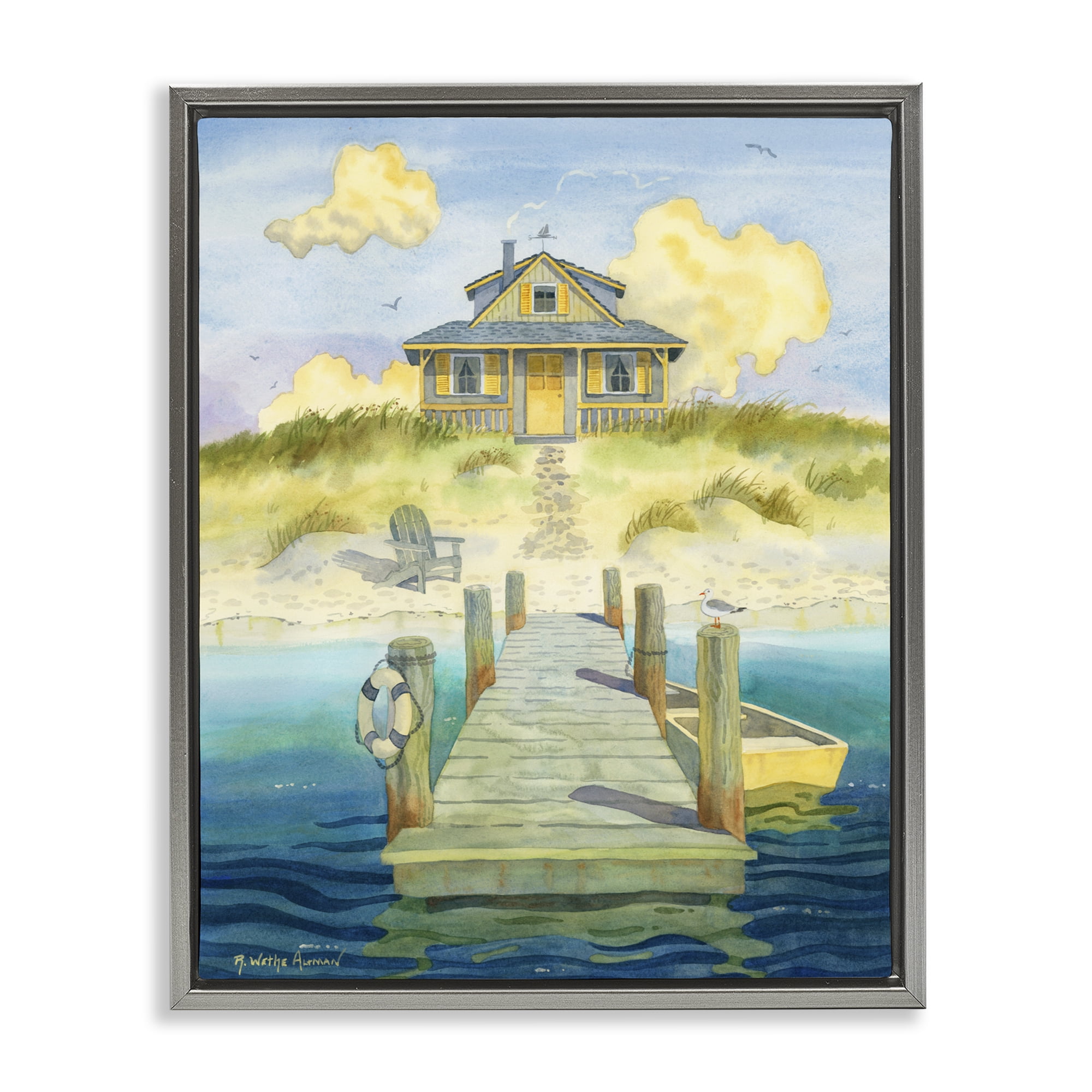 Stupell Industries Welcome Seaside Retreat Cottage Gray Framed Floater Canvas Wall Art, design by Robin Altman