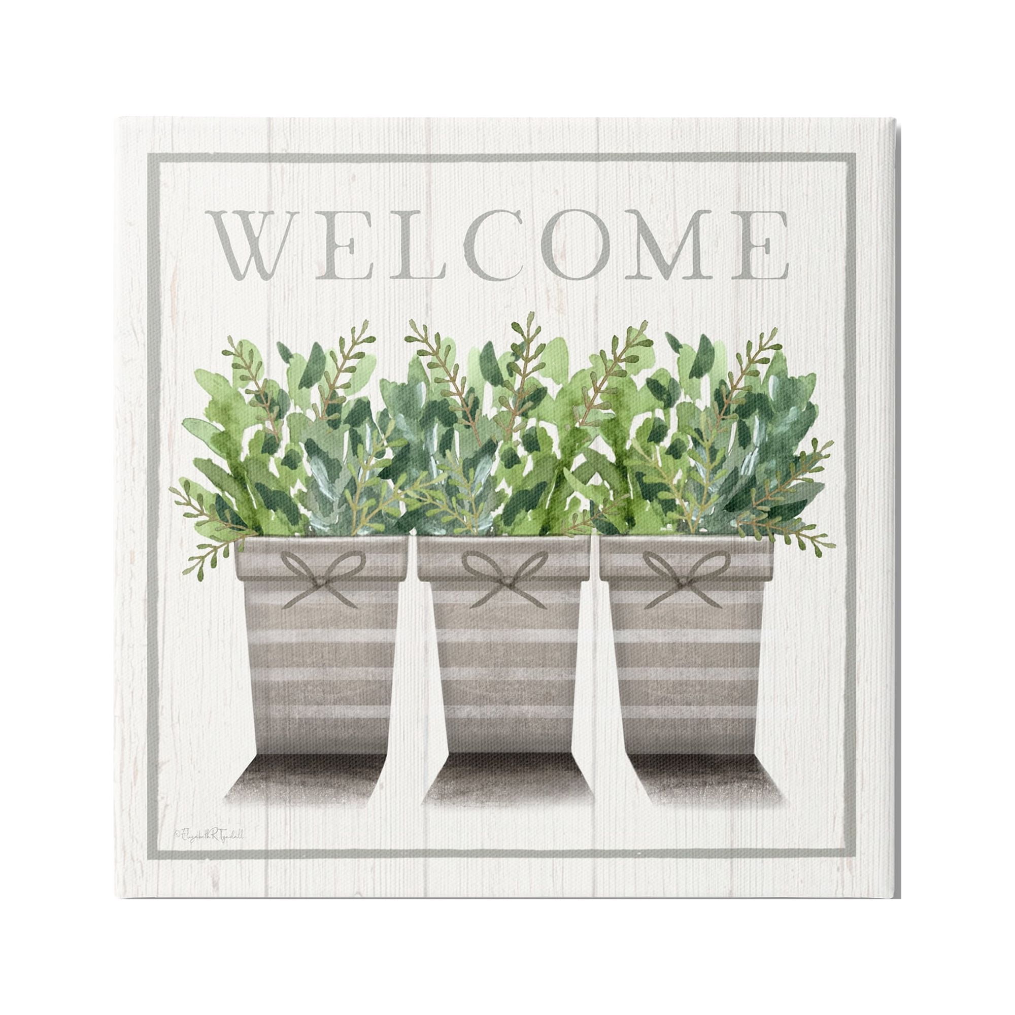 Stupell Industries Welcome Sign Cottage Theme Potted Plants Botanicals Canvas Wall Art, 36 x 36, Design by Elizabeth Tyndall