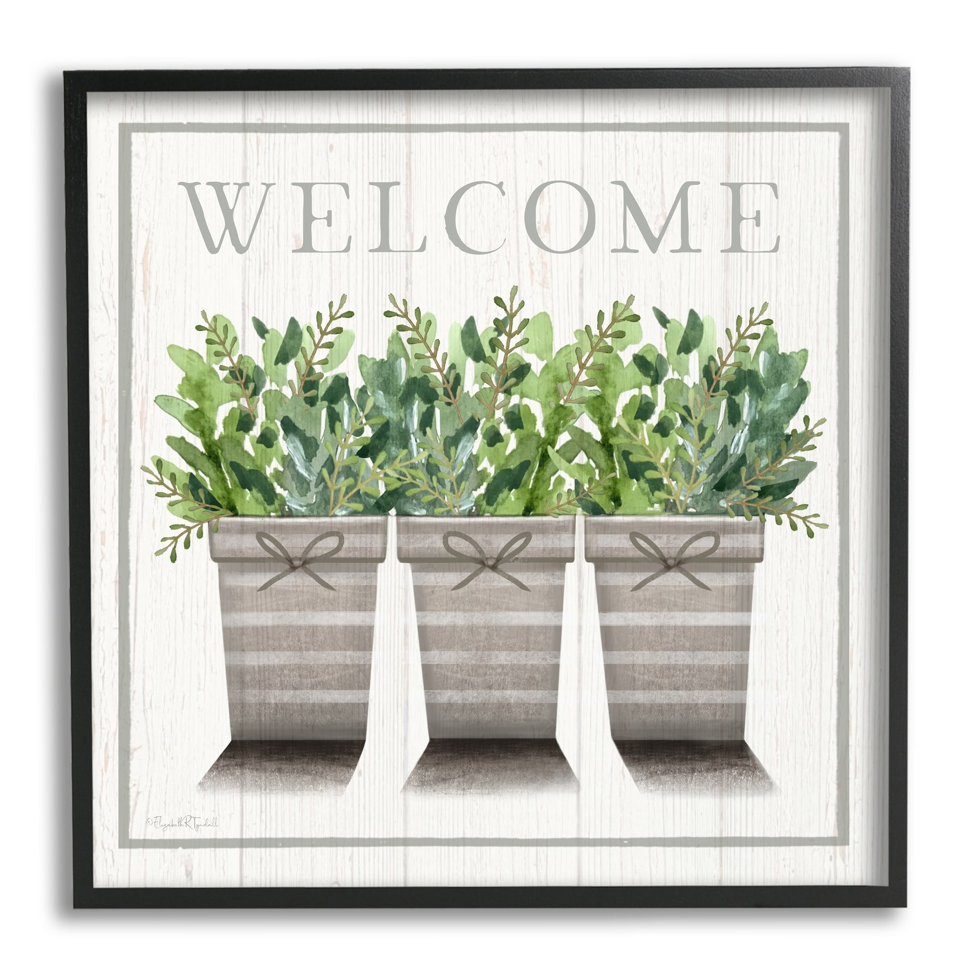 Stupell Industries Welcome Sign Cottage Theme Potted Plants Botanicals Framed Wall Art, 12 x 12, Design by Elizabeth Tyndall
