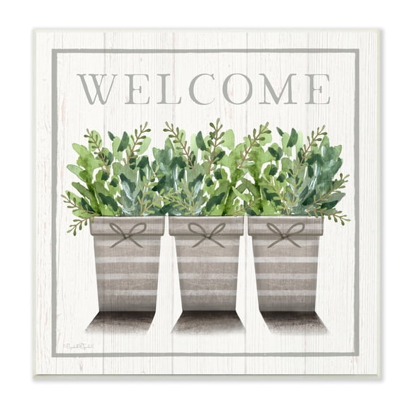 Stupell Industries Welcome Sign Cottage Theme Potted Plants Botanicals Wood Wall Art, 12 x 12, Design by Elizabeth Tyndall