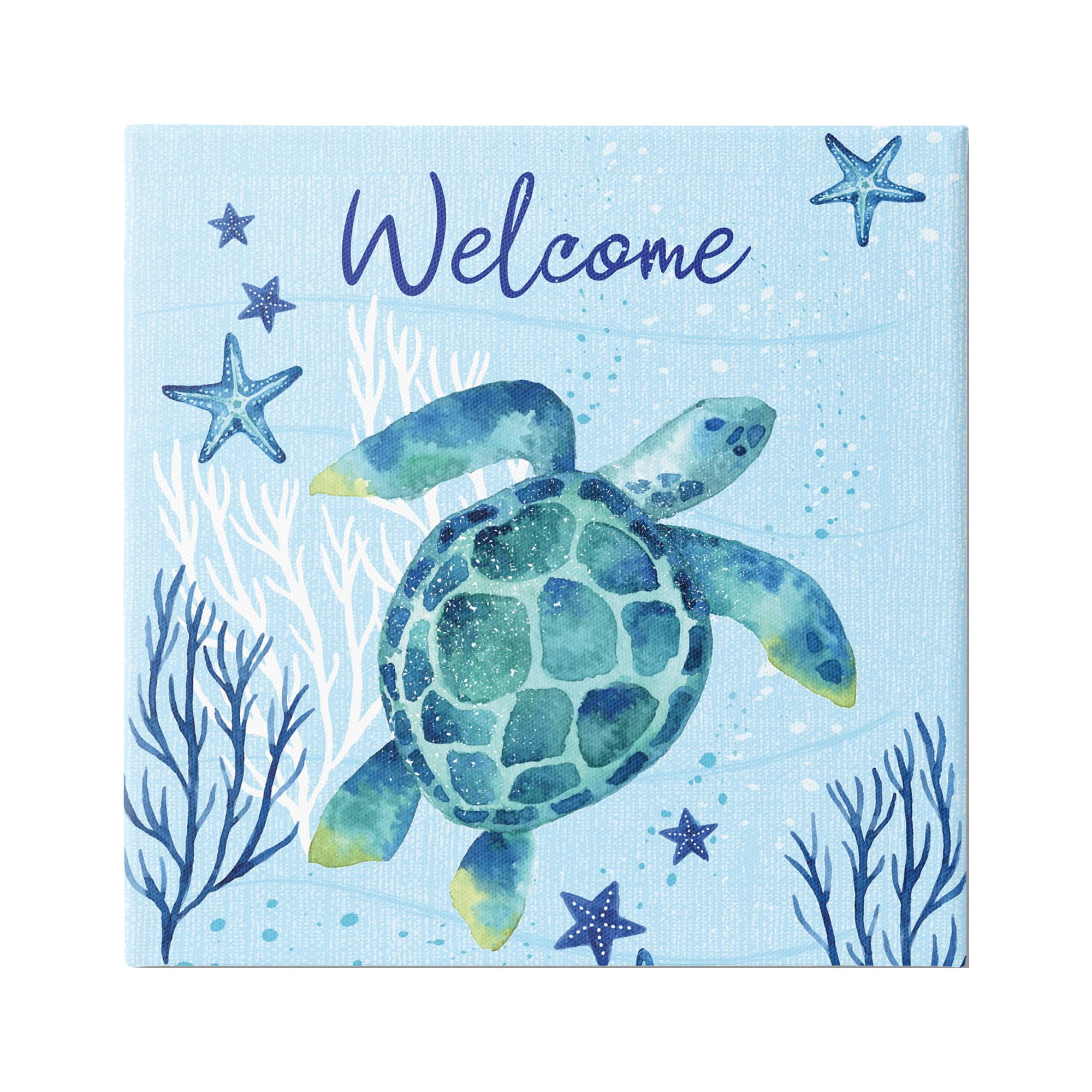 24" Square Blue and Green Coastal Sea Turtle Canvas Art
