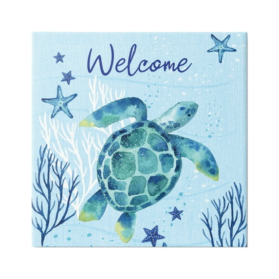 Stupell Industries Welcome Sign Sea Turtle Swimming Ocean Life Graphic Art Gallery Wrapped Canvas Print Wall Art, Design by Sharon Lee