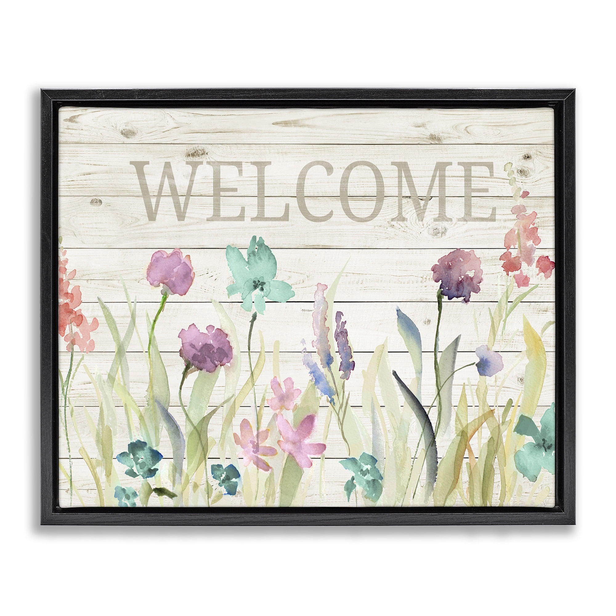 Stupell Industries Welcome Sign Spring Wildflowers Botanical & Floral Painting Black Floater Framed Canvas Art Print Wall Art, 21 x 17