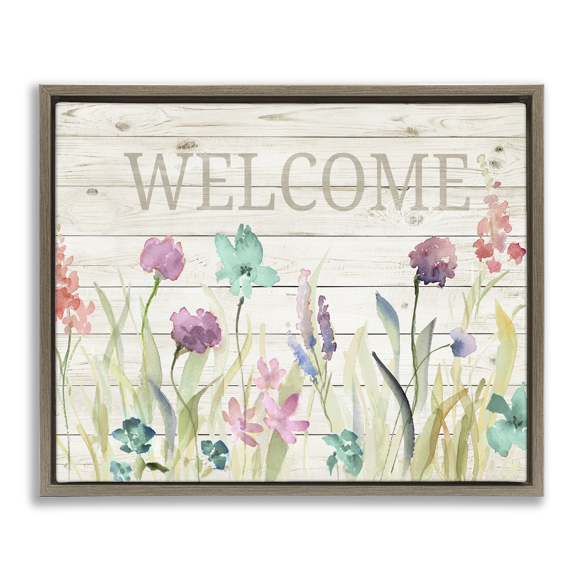 Stupell Industries Welcome Sign Spring Wildflowers Botanical & Floral Painting Brown Floater Framed Canvas Art Print Wall Art, 31 x 25