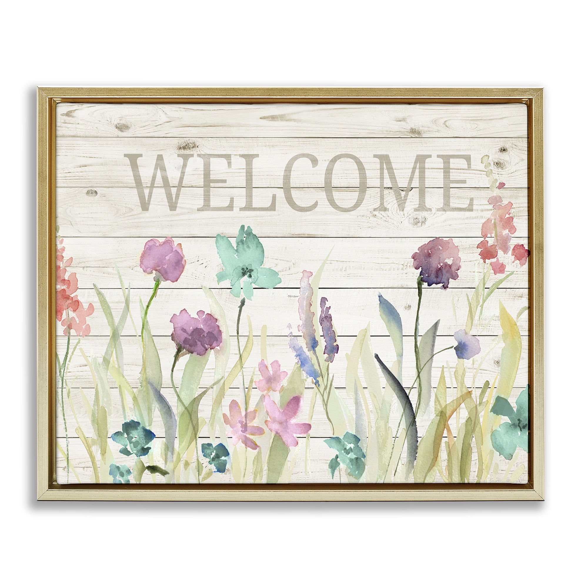 Stupell Industries Welcome Sign Spring Wildflowers Botanical & Floral Painting Gold Floater Framed Canvas Art Print Wall Art, 31 x 25