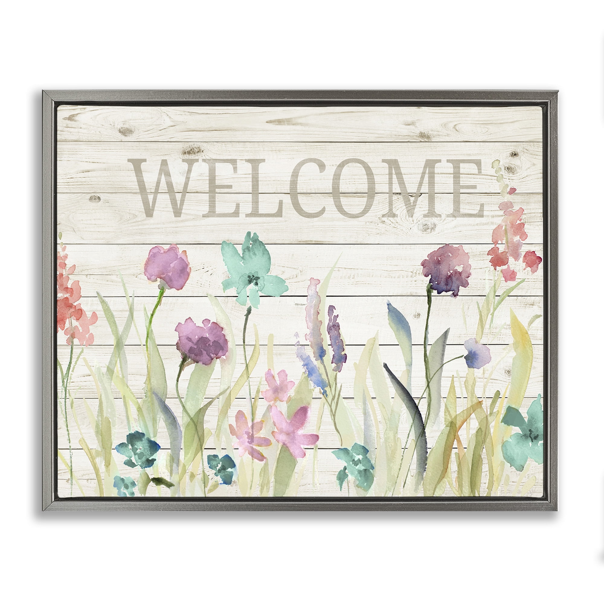 Stupell Industries Welcome Sign Spring Wildflowers Botanical & Floral Painting Gray Floater Framed Canvas Art Print Wall Art, 31 x 25