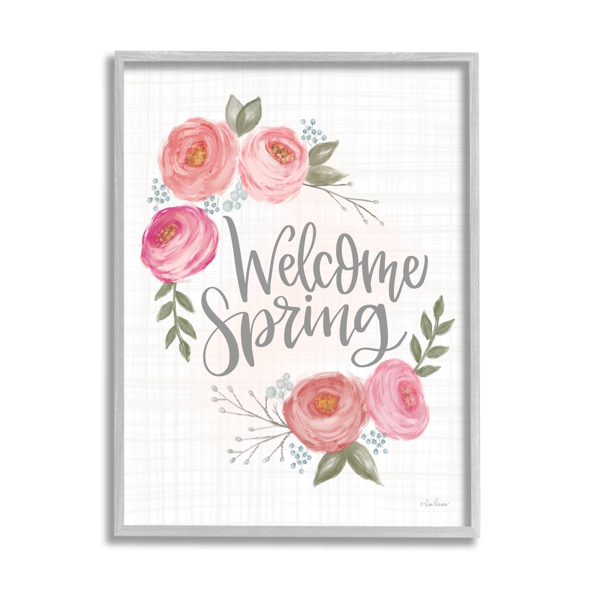 Stupell Industries Welcome Spring Greeting Blossoming Pink Roses Plaid Pattern, 11 x 14, Design by Lisa Larson