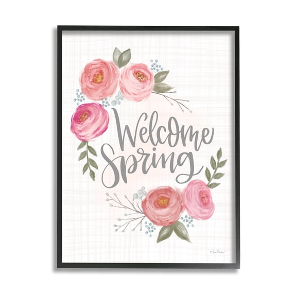 Stupell Industries Welcome Spring Greeting Blossoming Pink Roses Plaid Pattern, 11 x 14, Design by Lisa Larson