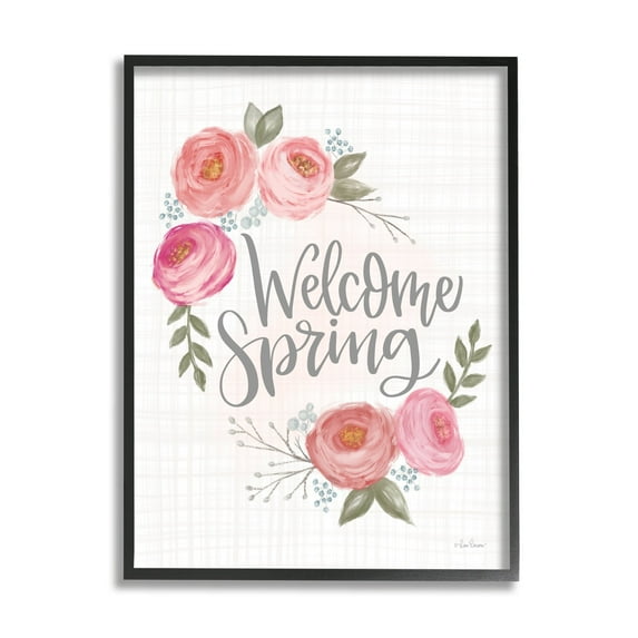 Stupell Industries Welcome Spring Greeting Blossoming Pink Roses Plaid Pattern Graphic Art Black Framed Art Print Wall Art, 16x20, by Lisa Larson