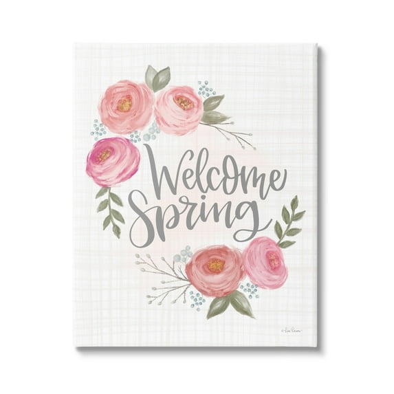 Stupell Industries Welcome Spring Greeting Blossoming Pink Roses Plaid Pattern Graphic Art Gallery-Wrapped Canvas Print Wall Art, 16x20, by Lisa Larson