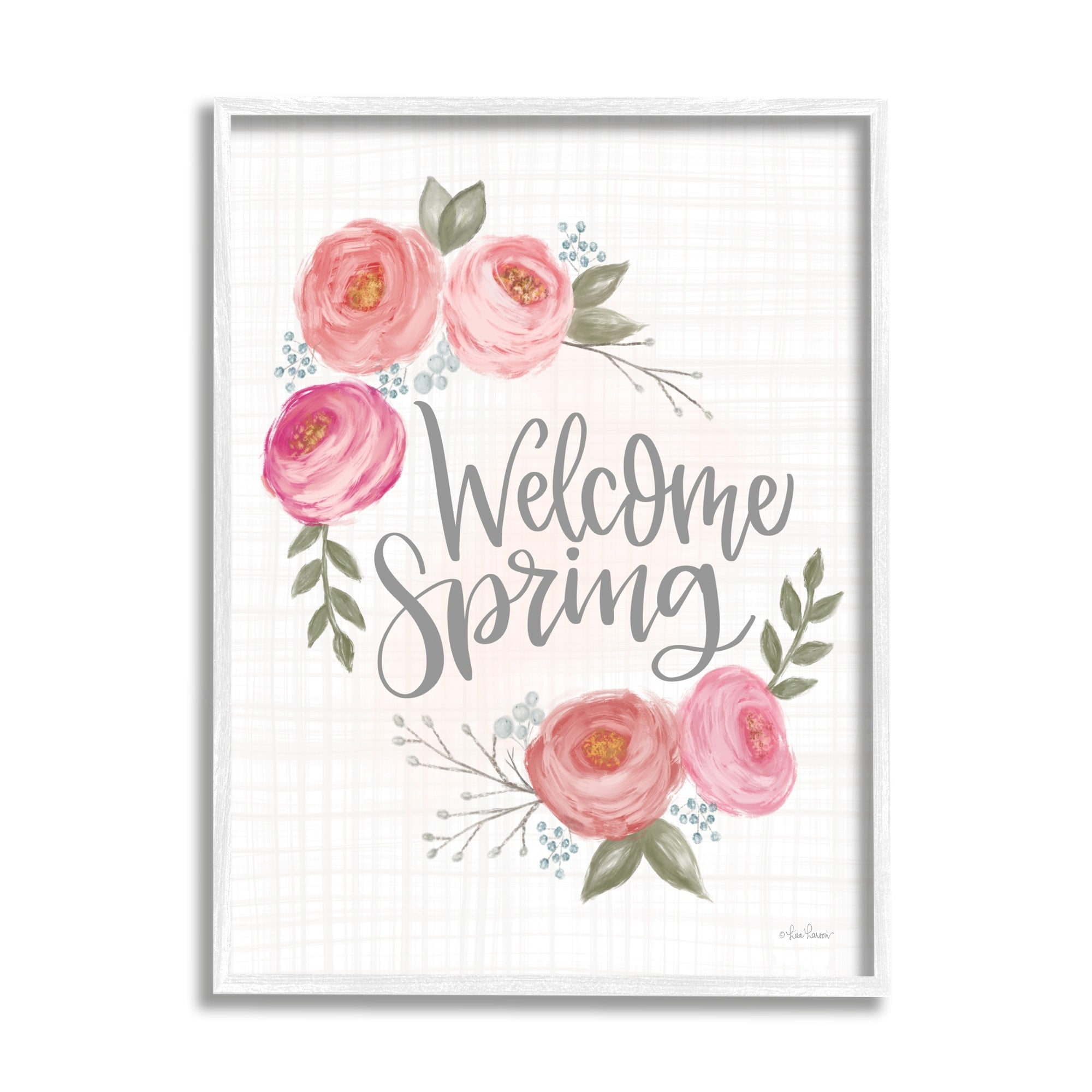 Stupell Industries Welcome Spring Greeting Blossoming Pink Roses Plaid Pattern Graphic Art White Framed Art Print Wall Art, 24x30, by Lisa Larson