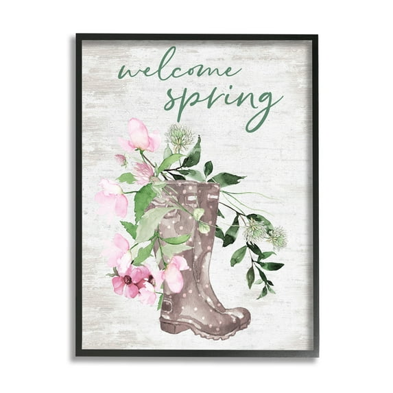 Welcome Spring Seasonal Rain Boots Flower Arrangement Black Framed Giclee Art, 11 x 14, Made In USA