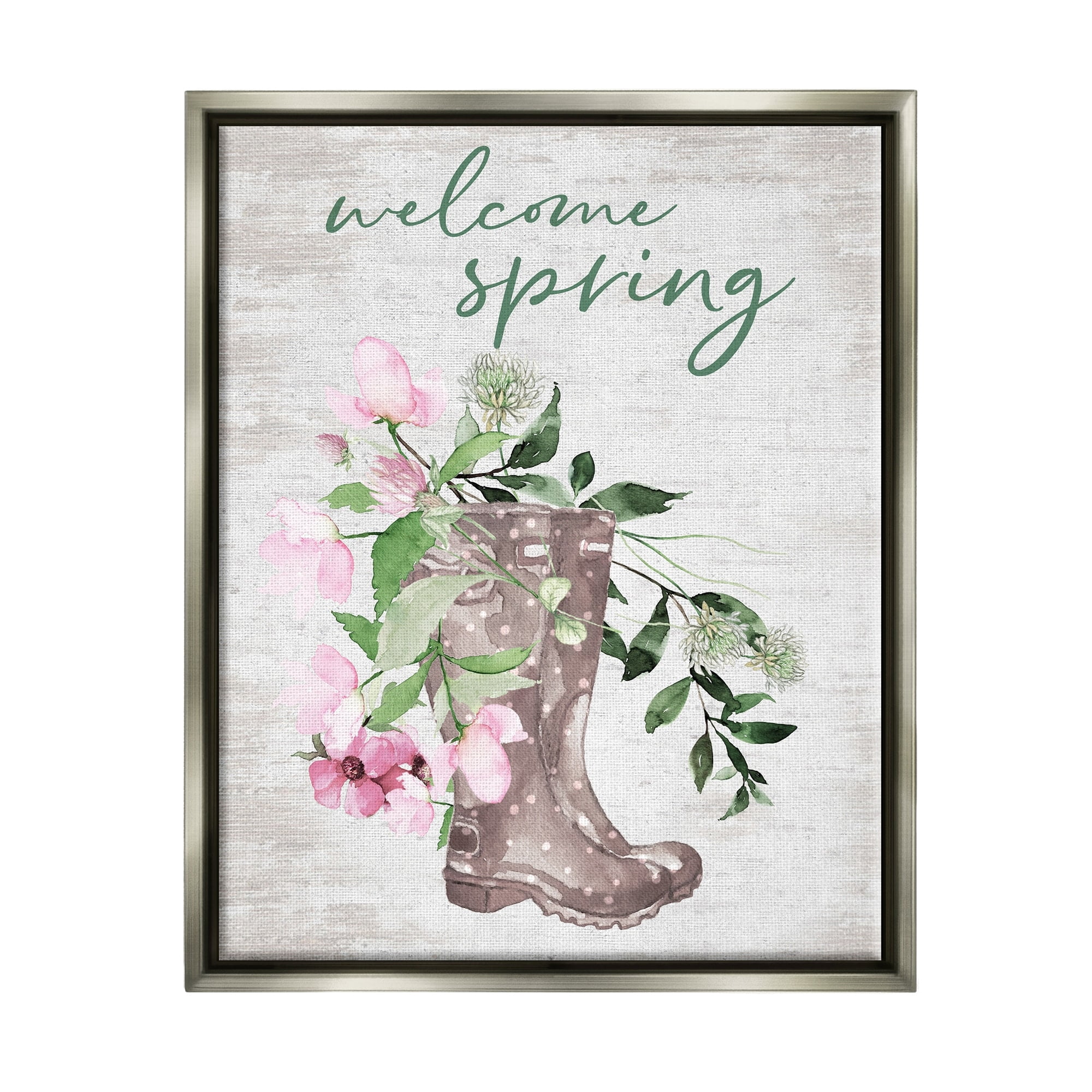 Welcome Spring Seasonal Rain Boots Flower Arrangement Gray Floating Frame Canvas Art, 17 x 21, Made In USA