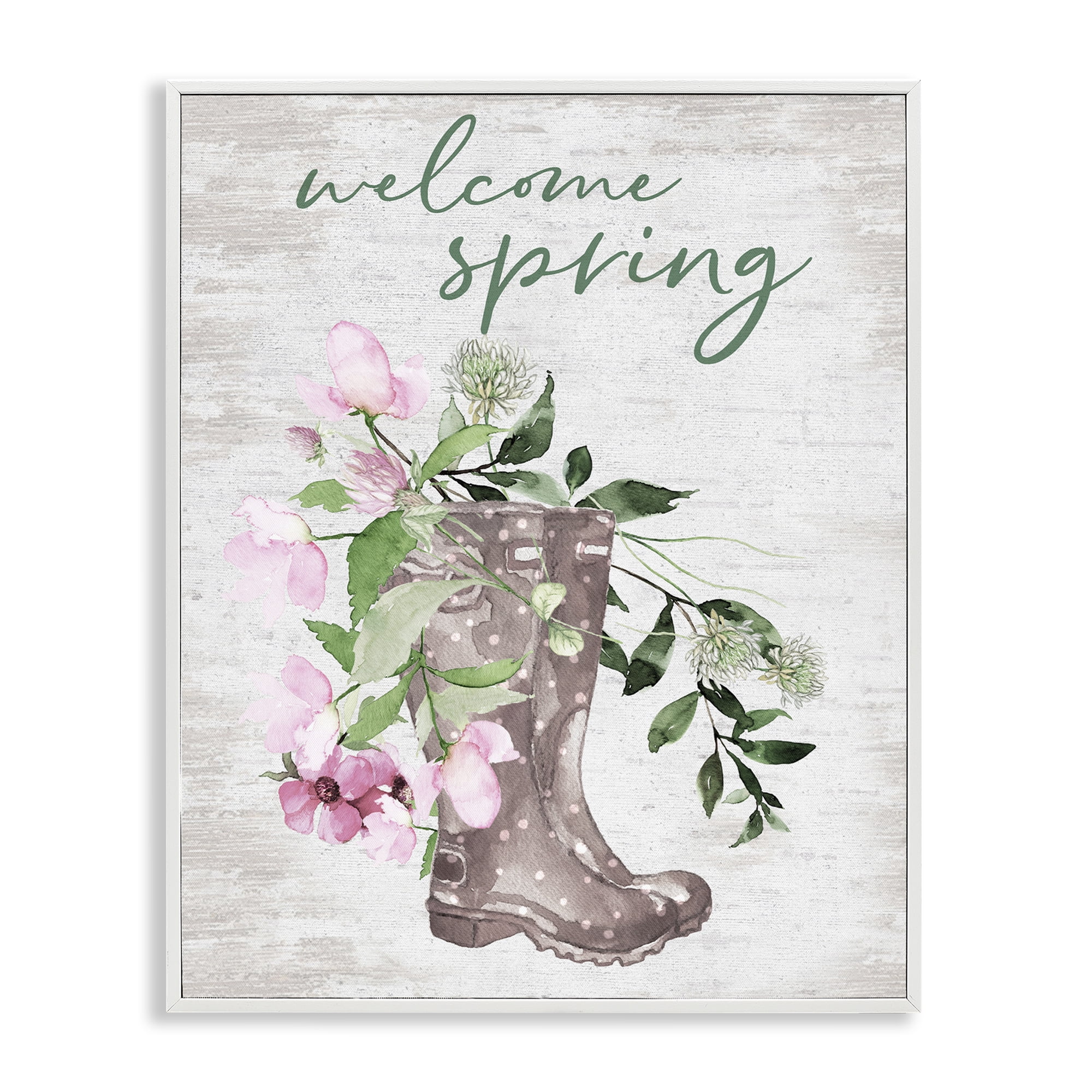 Welcome Spring Seasonal Rain Boots Flower Arrangement White Framed Giclee Art, 11 x 14