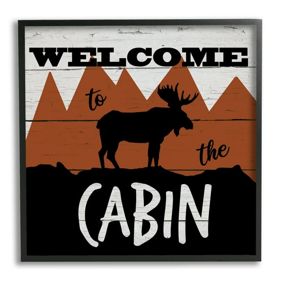 Stupell Industries Welcome To Cabin Phrase Rustic Moose Orange Mountains Animals & Insects Painting Black Framed Art Print Wall Art, 12 x 12