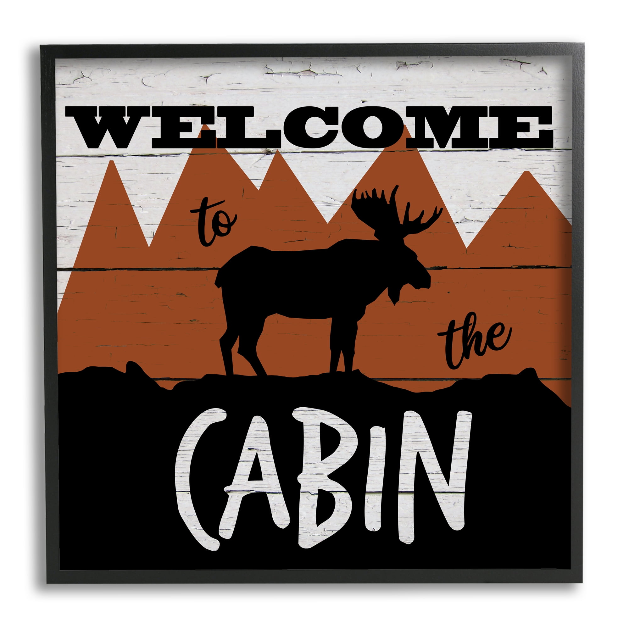 Stupell Industries Welcome To Cabin Phrase Rustic Moose Orange Mountains Animals & Insects Painting Black Framed Art Print Wall Art, 24 x 24