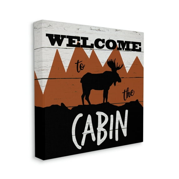 Stupell Industries Welcome To Cabin Phrase Rustic Moose Orange Mountains Animals & Insects Painting Gallery Wrapped Canvas Print Wall Art, 30 x 30