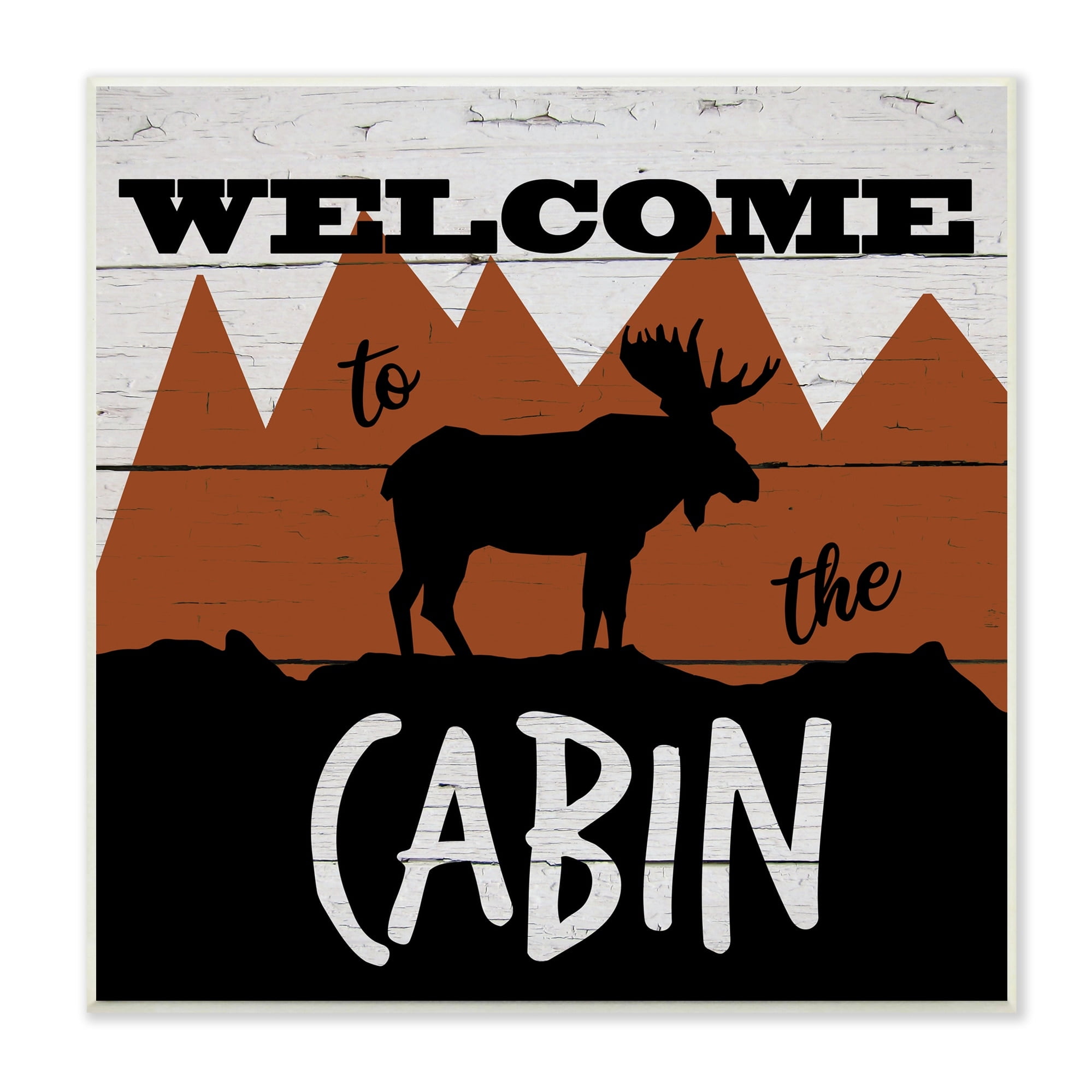 Stupell Industries Welcome To Cabin Phrase Rustic Moose Orange Mountains Animals & Insects Painting Unframed Art Print Wall Art, 12 x 12