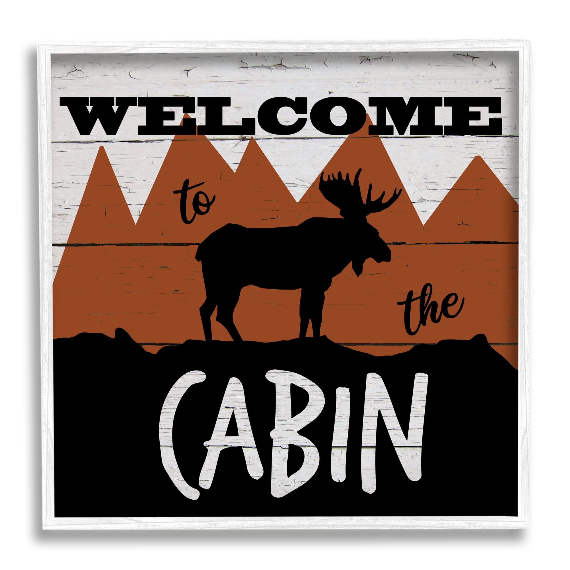 Stupell Industries Welcome To Cabin Phrase Rustic Moose Orange Mountains Animals & Insects Painting White Framed Art Print Wall Art, 12 x 12