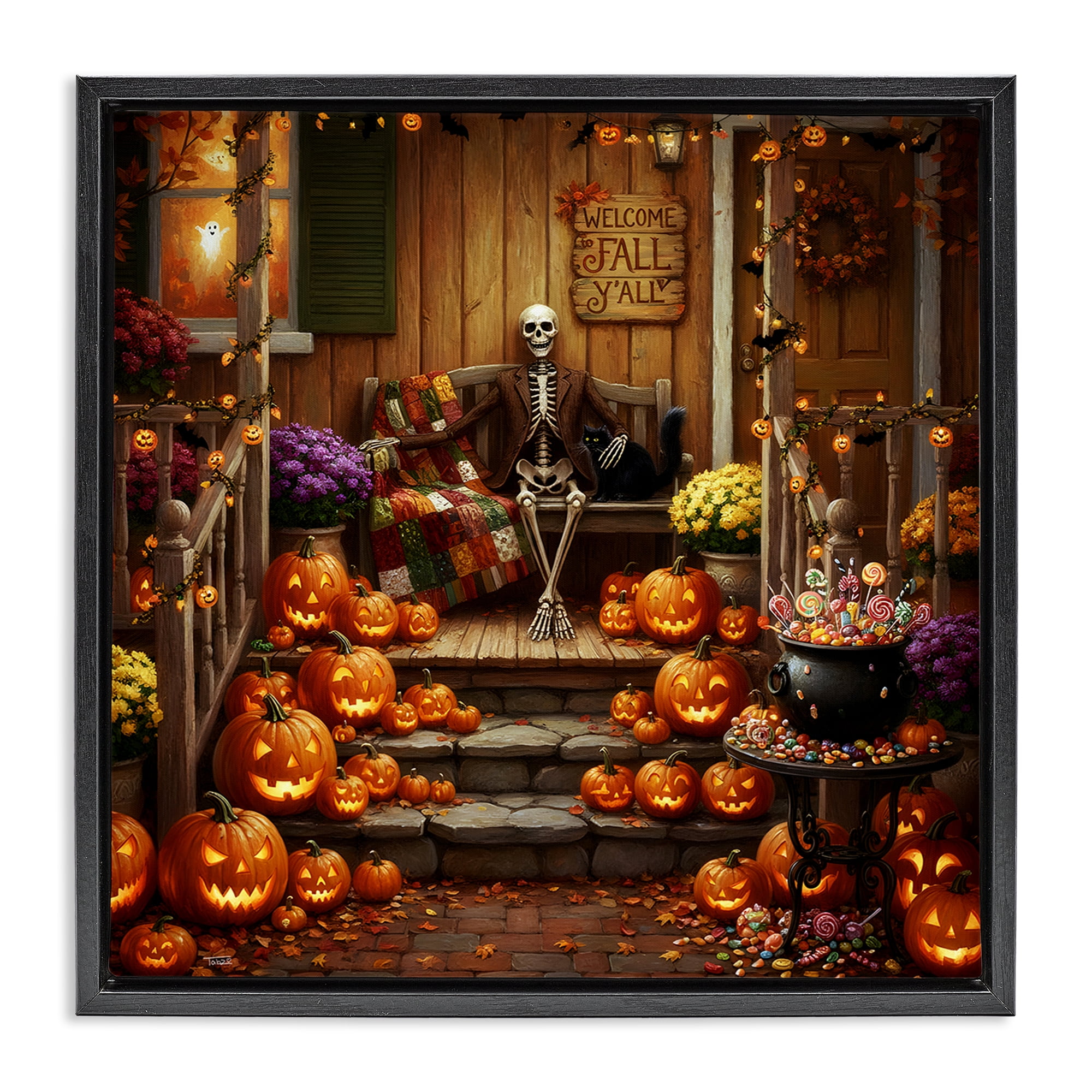 Stupell Industries Welcome To Fall Skeleton Porch Black Framed Floater Canvas Wall Art, design by Tabz Jones