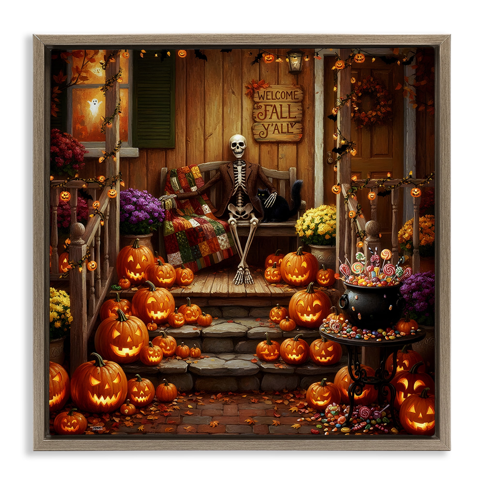 Stupell Industries Welcome To Fall Skeleton Porch Brown Framed Floater Canvas Wall Art, design by Tabz Jones
