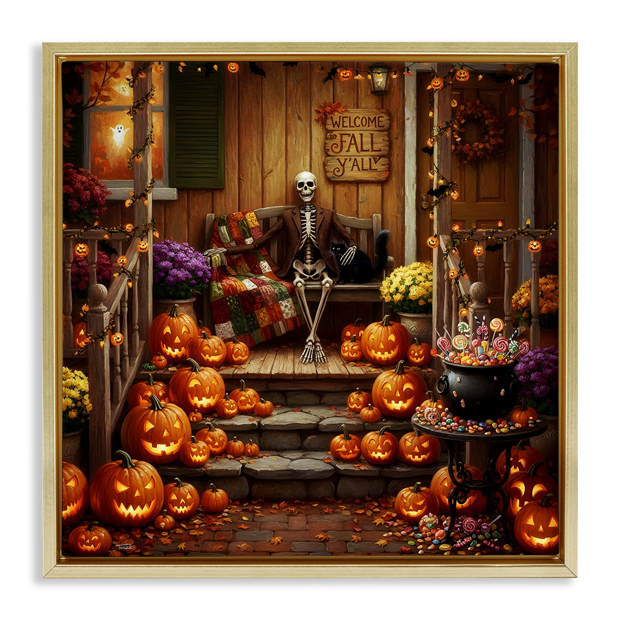 Stupell Industries Welcome To Fall Skeleton Porch Gold Framed Floater Canvas Wall Art, design by Tabz Jones