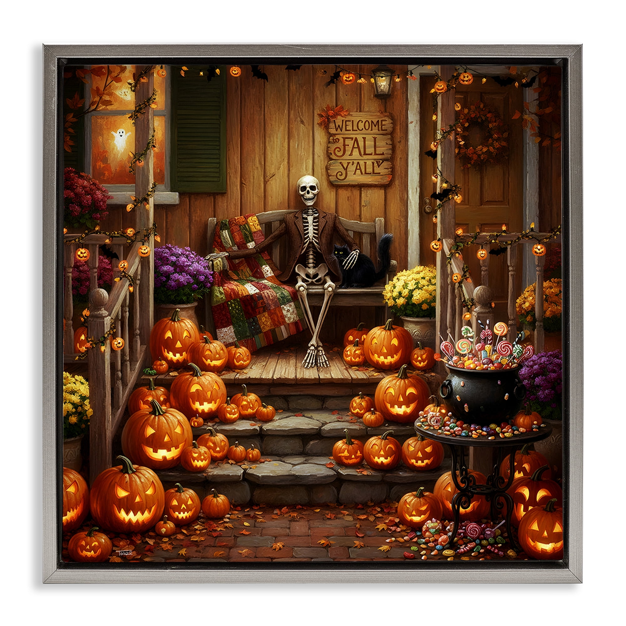 Stupell Industries Welcome To Fall Skeleton Porch Gray Framed Floater Canvas Wall Art, design by Tabz Jones