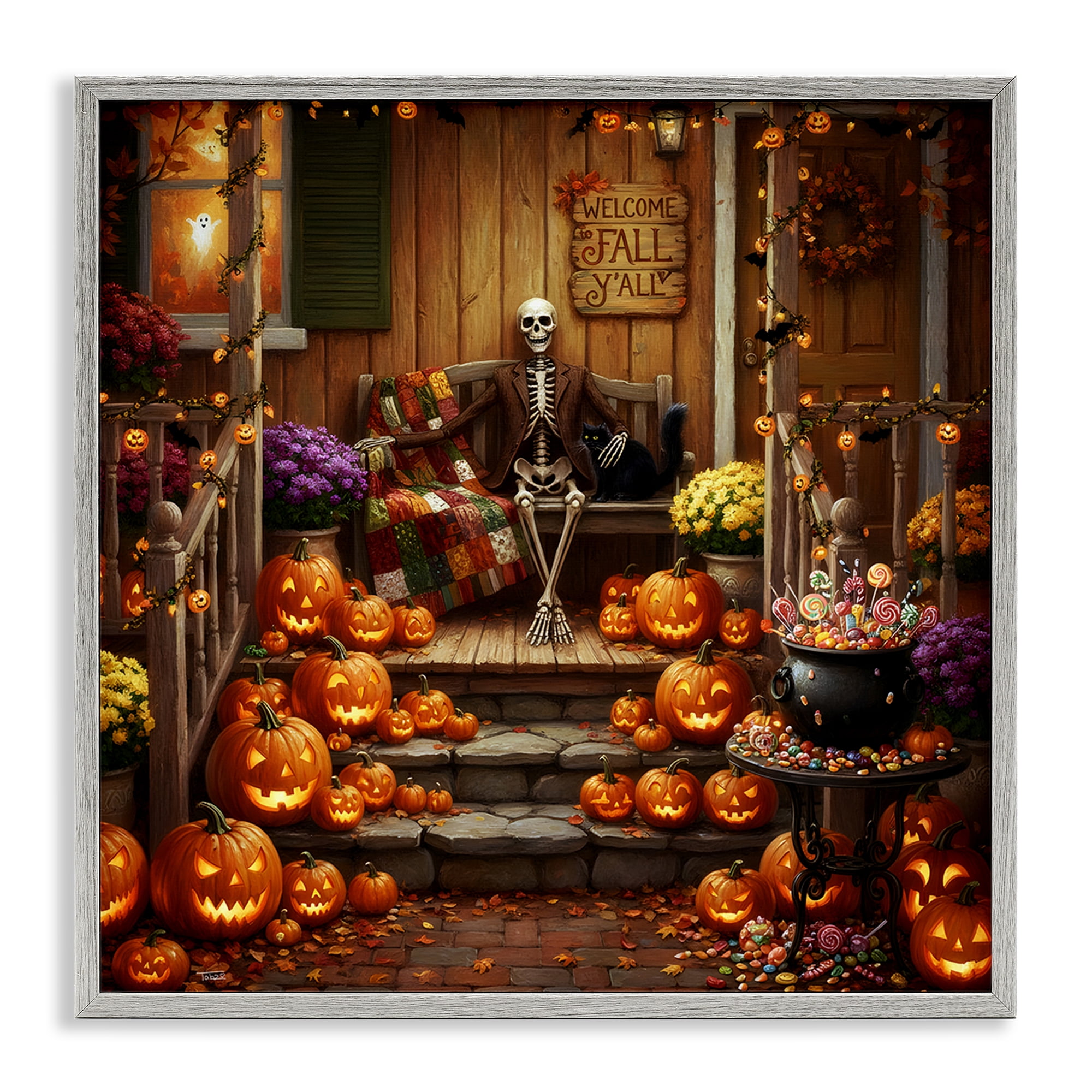 Stupell Industries Welcome To Fall Skeleton Porch Gray Framed Giclee Art, design by Tabz Jones