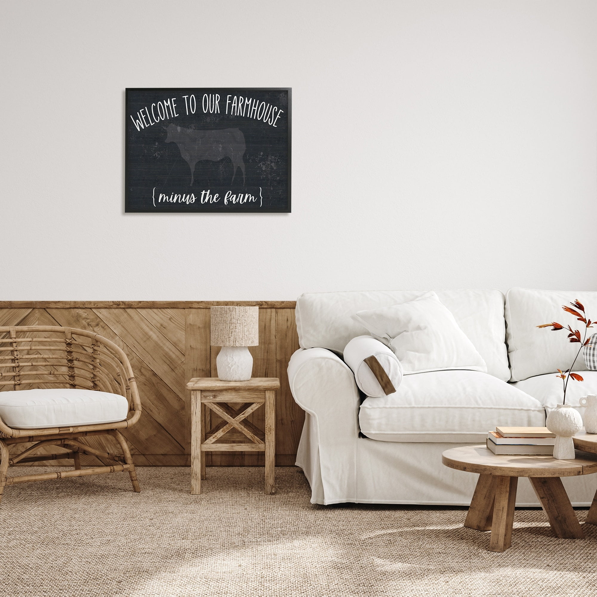 Stupell Industries Welcome To Farmhouse Playful Rustic Cow Motif Graphic Art Black Framed Art Print Wall Art, Design by White Ladder
