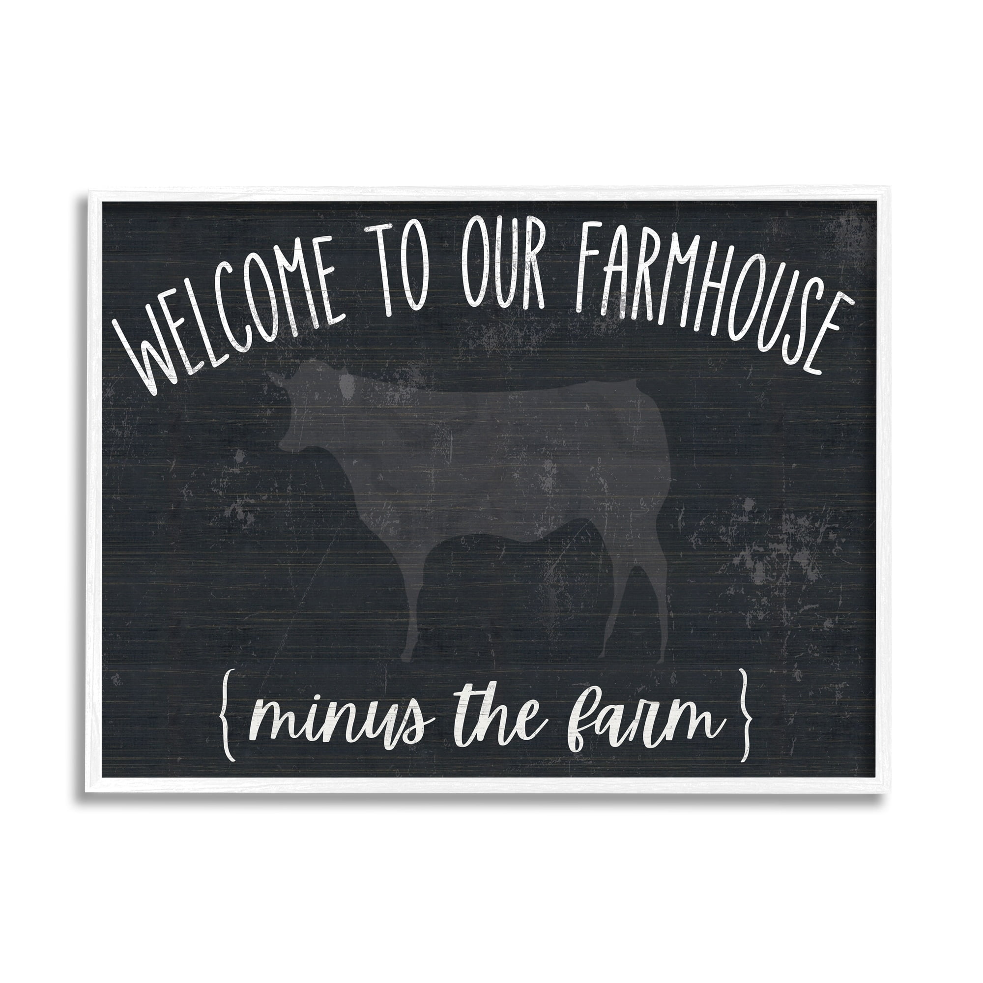 Stupell Industries Welcome To Farmhouse Playful Rustic Cow Motif Graphic Art White Framed Art Print Wall Art, Design by White Ladder