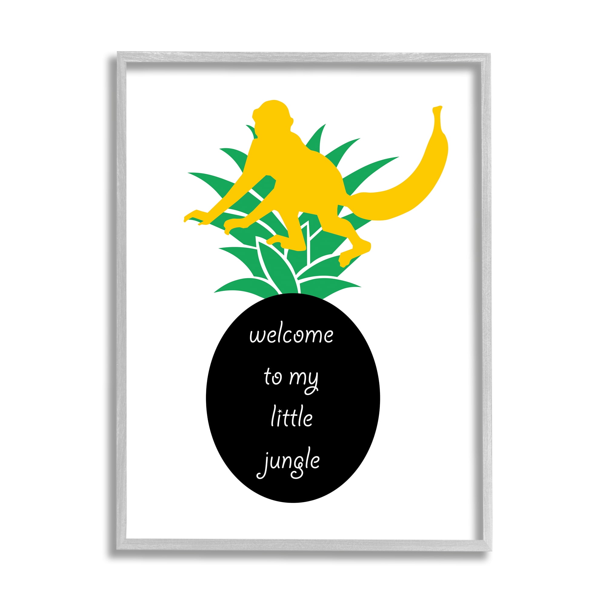 Stupell Industries Welcome To My Little Jungle Yellow Monkey Pineapple Animals & Insects Painting Gray Framed Art Print Wall Art, 24 x 30