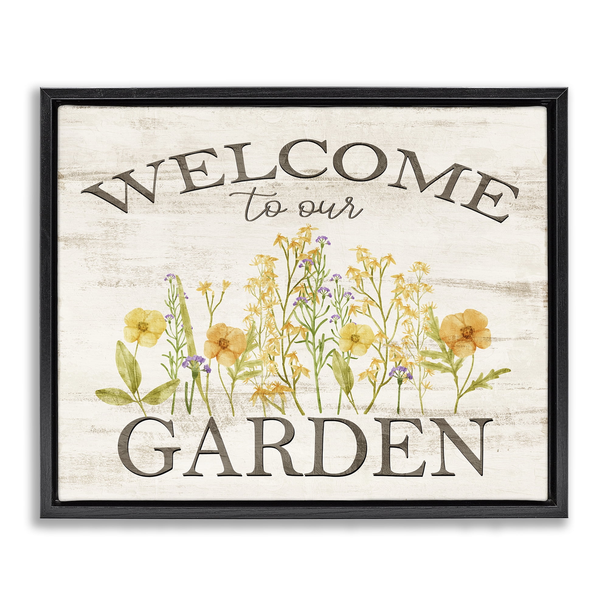 Stupell Industries Welcome To Our Garden Botanical & Floral Painting Black Floater Framed Canvas Art Print Wall Art, 21 x 17
