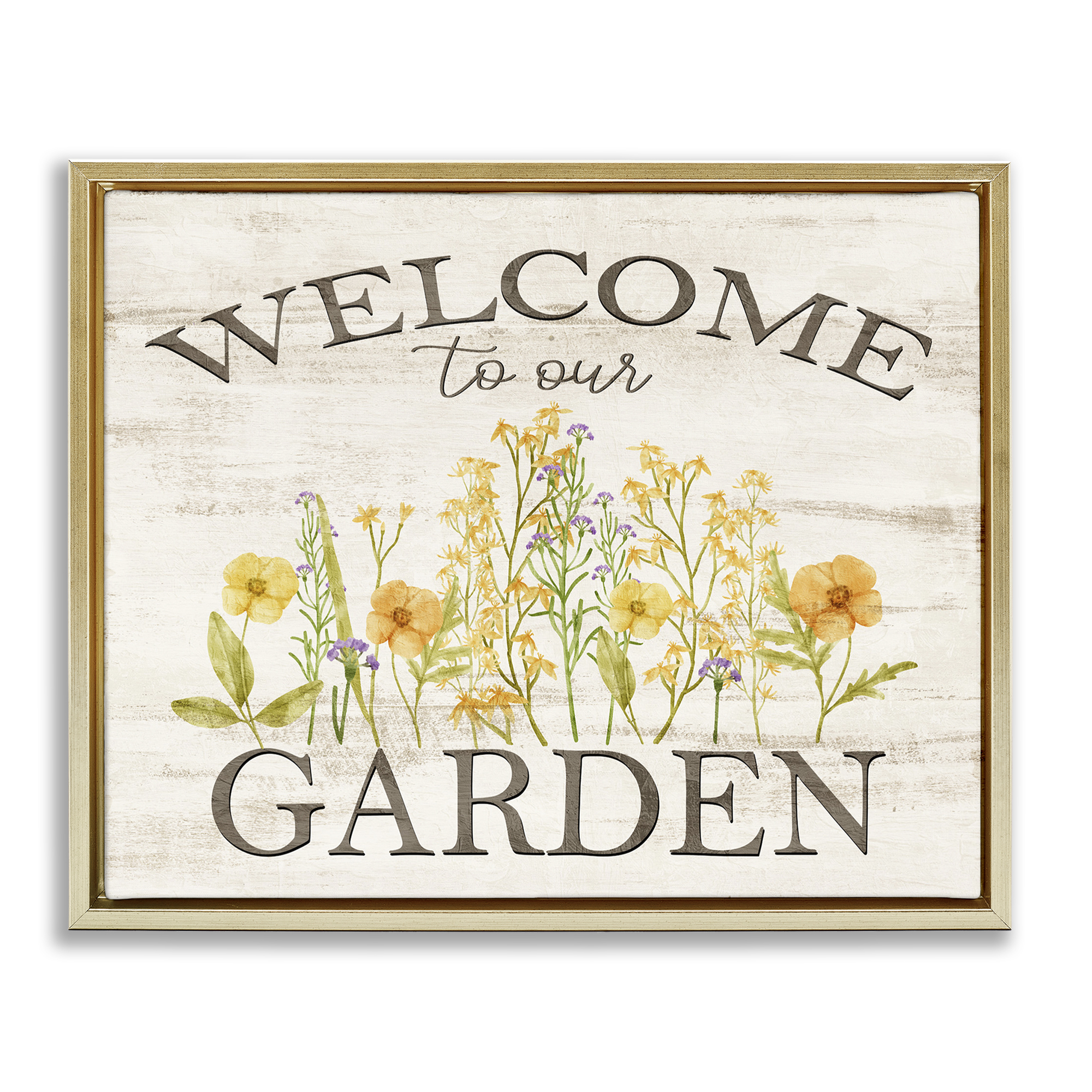 Stupell Industries Welcome To Our Garden Botanical & Floral Painting Gold Floater Framed Canvas Art Print Wall Art, 21 x 17