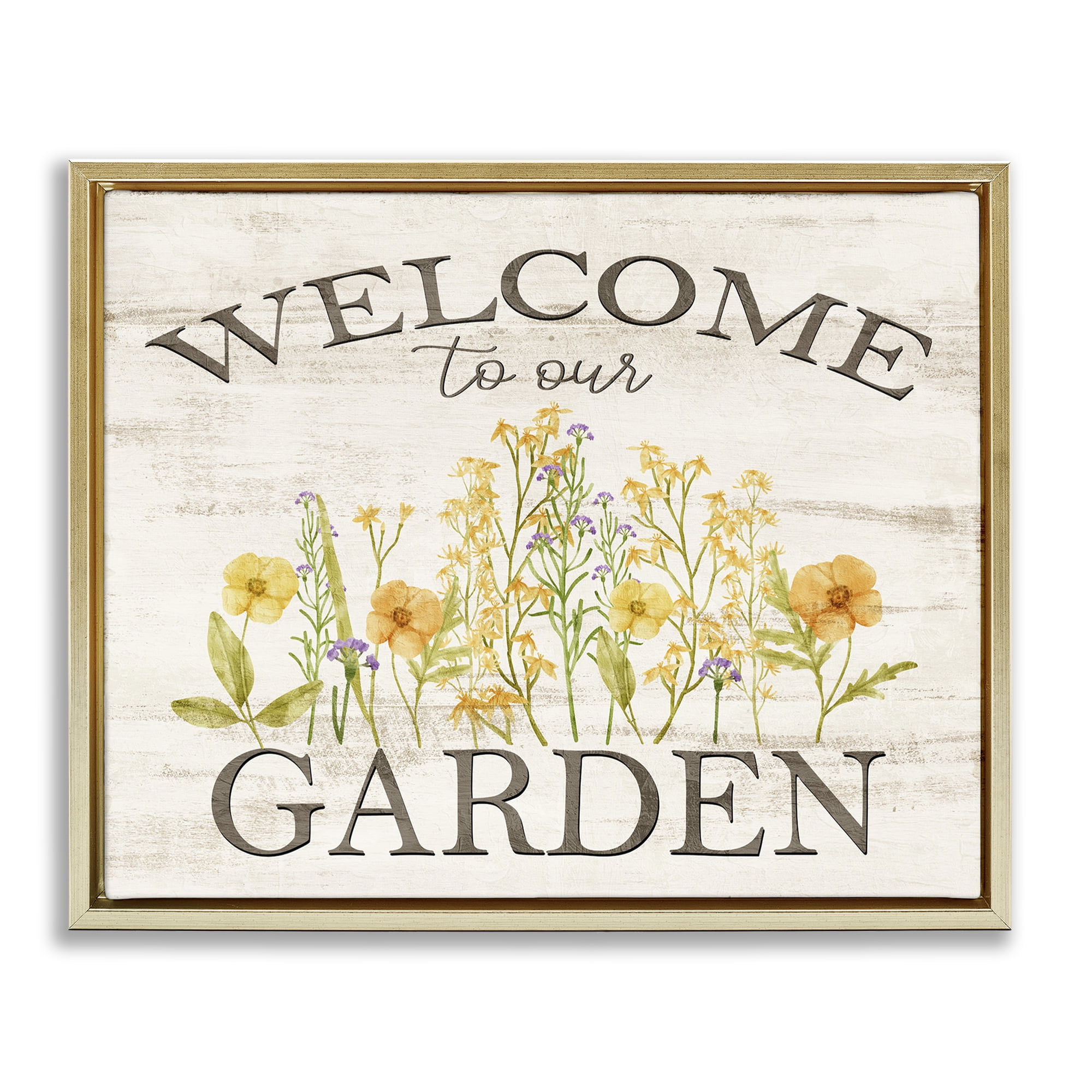 Stupell Industries Welcome To Our Garden Botanical & Floral Painting Gold Floater Framed Canvas Art Print Wall Art, 31 x 25