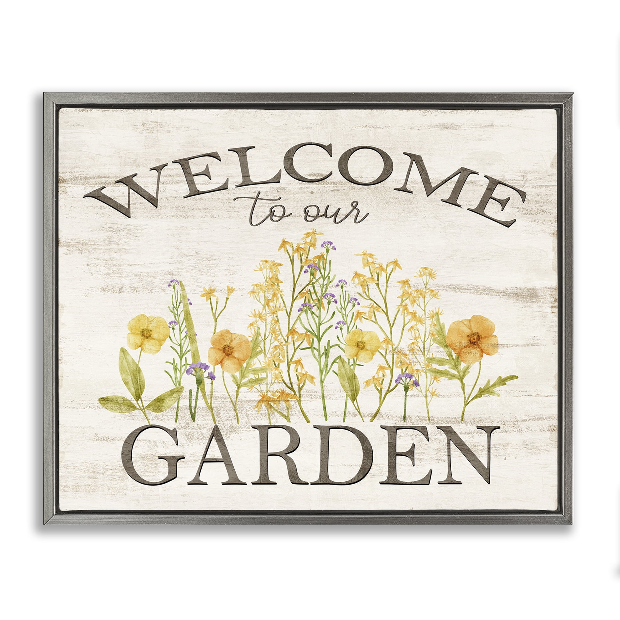 Stupell Industries Welcome To Our Garden Botanical & Floral Painting Gray Floater Framed Canvas Art Print Wall Art, 31 x 25